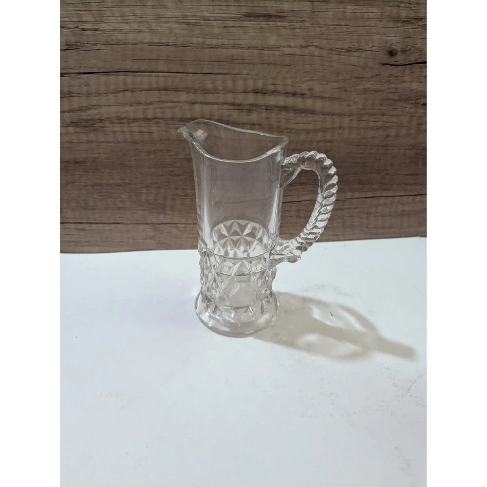 Vintage‎ Clear Glass Small Pitcher Diamond Cut Pattern Beaded Handle 6 Inch